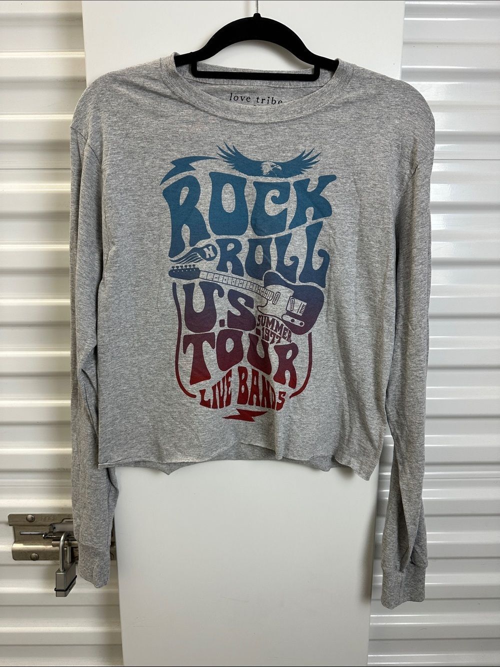 Love Tribe Gray Graphic Rock Tee with Blue and Maroon Print
